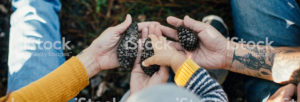 family holding pinecones